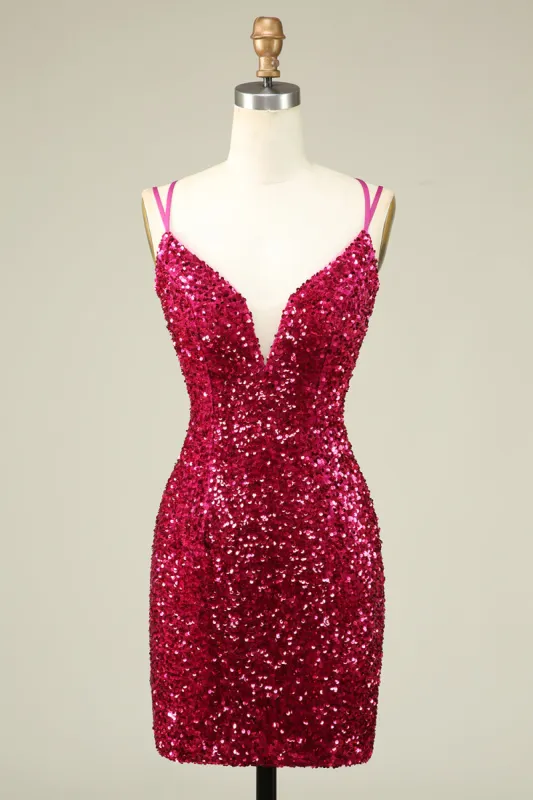 Stylish Fuchsia Spaghetti Straps Tight Homecoming Dress sold by Zapaka