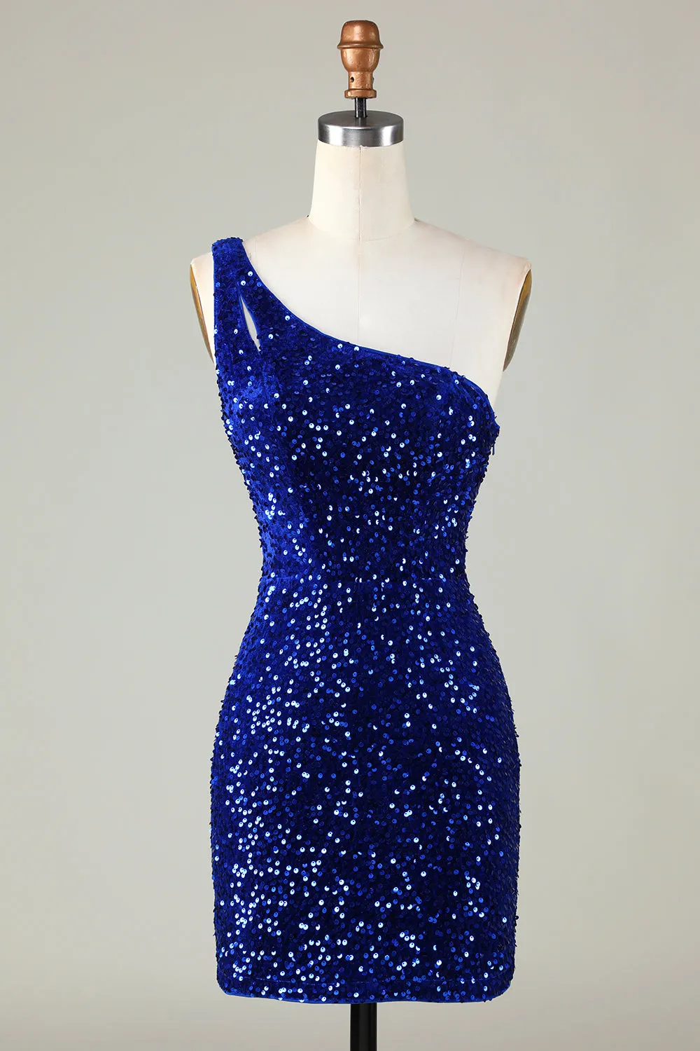 Sequins One Shoulder Royal Blue Tight Beading Short Homecoming Dress sold by Zapaka