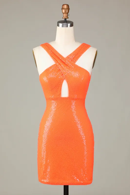 Glitter Orange Halter Backless Sequins Tight Homecoming Dress sold by Zapaka