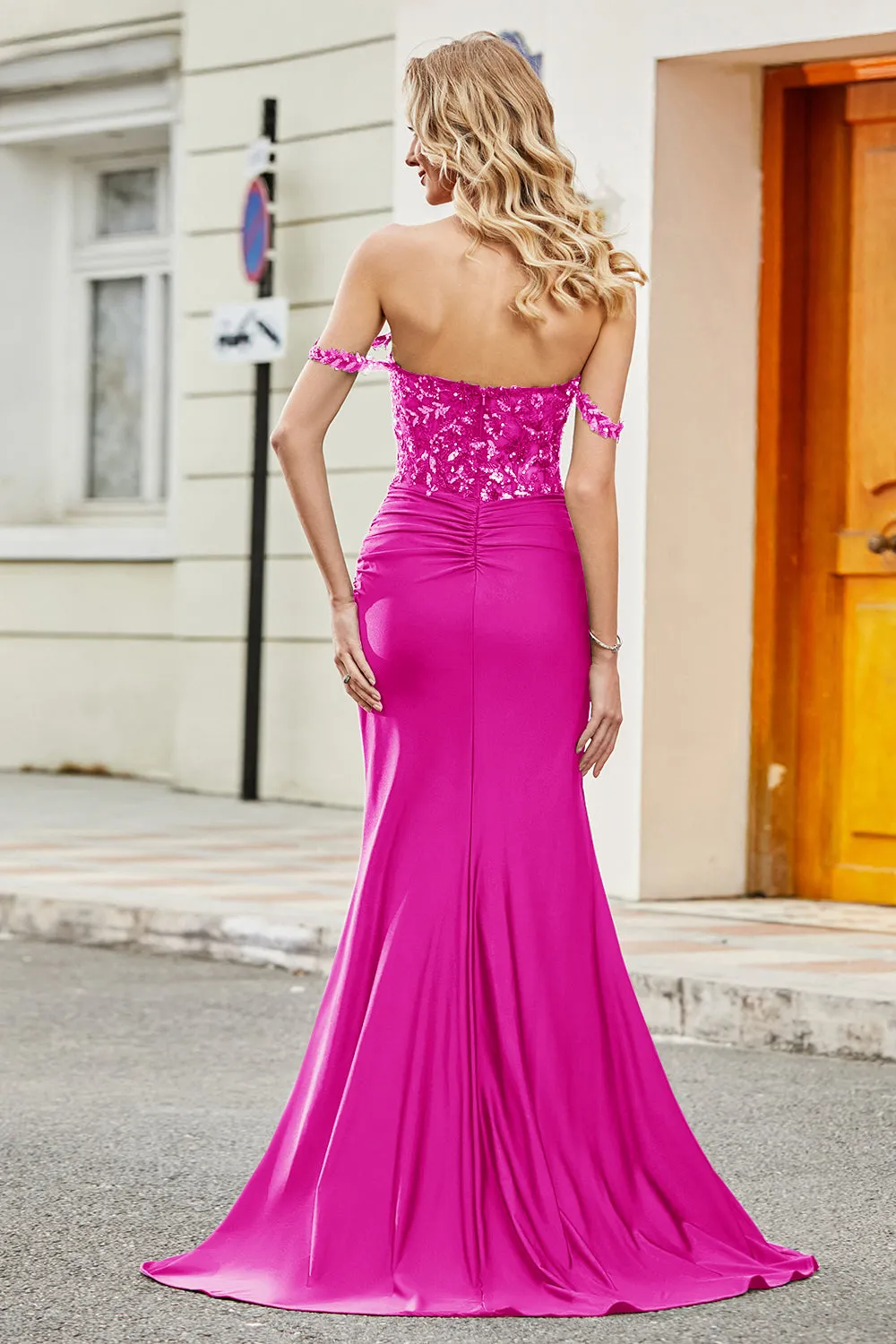 Fuchsia Mermaid Off The Shoulder Long Prom Dress with Sequins sold by Zapaka product image thumbnail 2