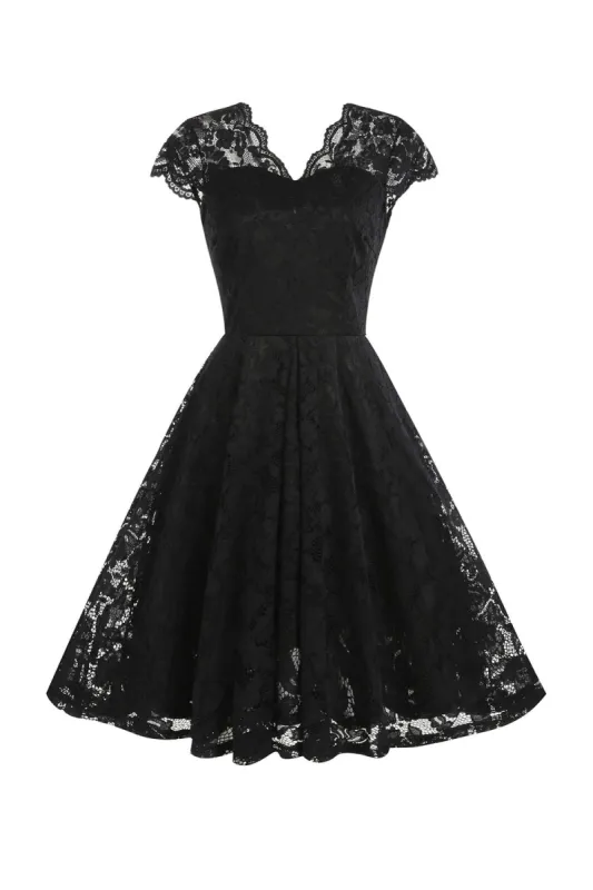 V Neck Black Lace Hepburn Style 1950s Dress sold by Zapaka