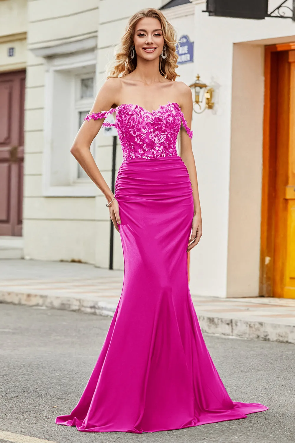 Fuchsia Mermaid Off The Shoulder Long Prom Dress with Sequins sold by Zapaka