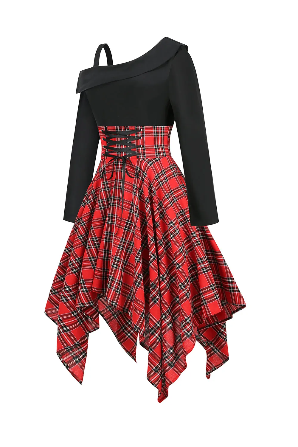 Black Red Plaid Patchwork Asymmetrical Vintage Dress sold by Zapaka product image thumbnail 3