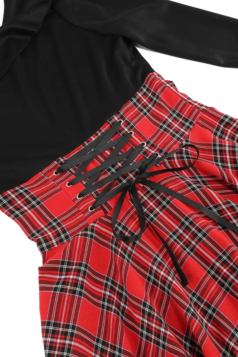 Black Red Plaid Patchwork Asymmetrical Vintage Dress sold by Zapaka product image thumbnail 4