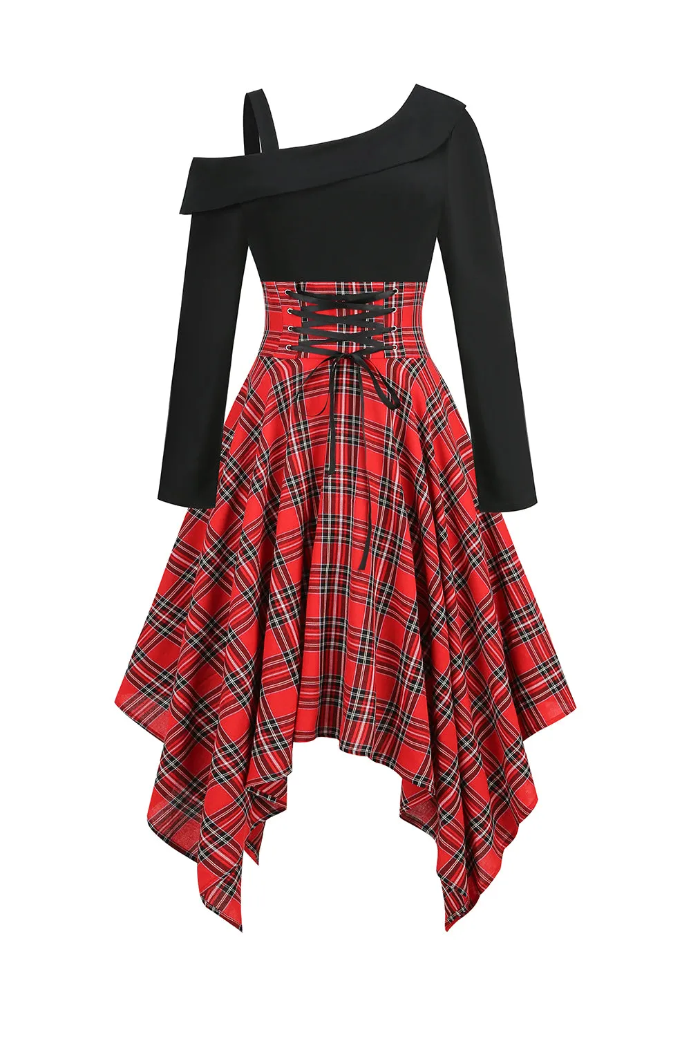 Black Red Plaid Patchwork Asymmetrical Vintage Dress sold by Zapaka