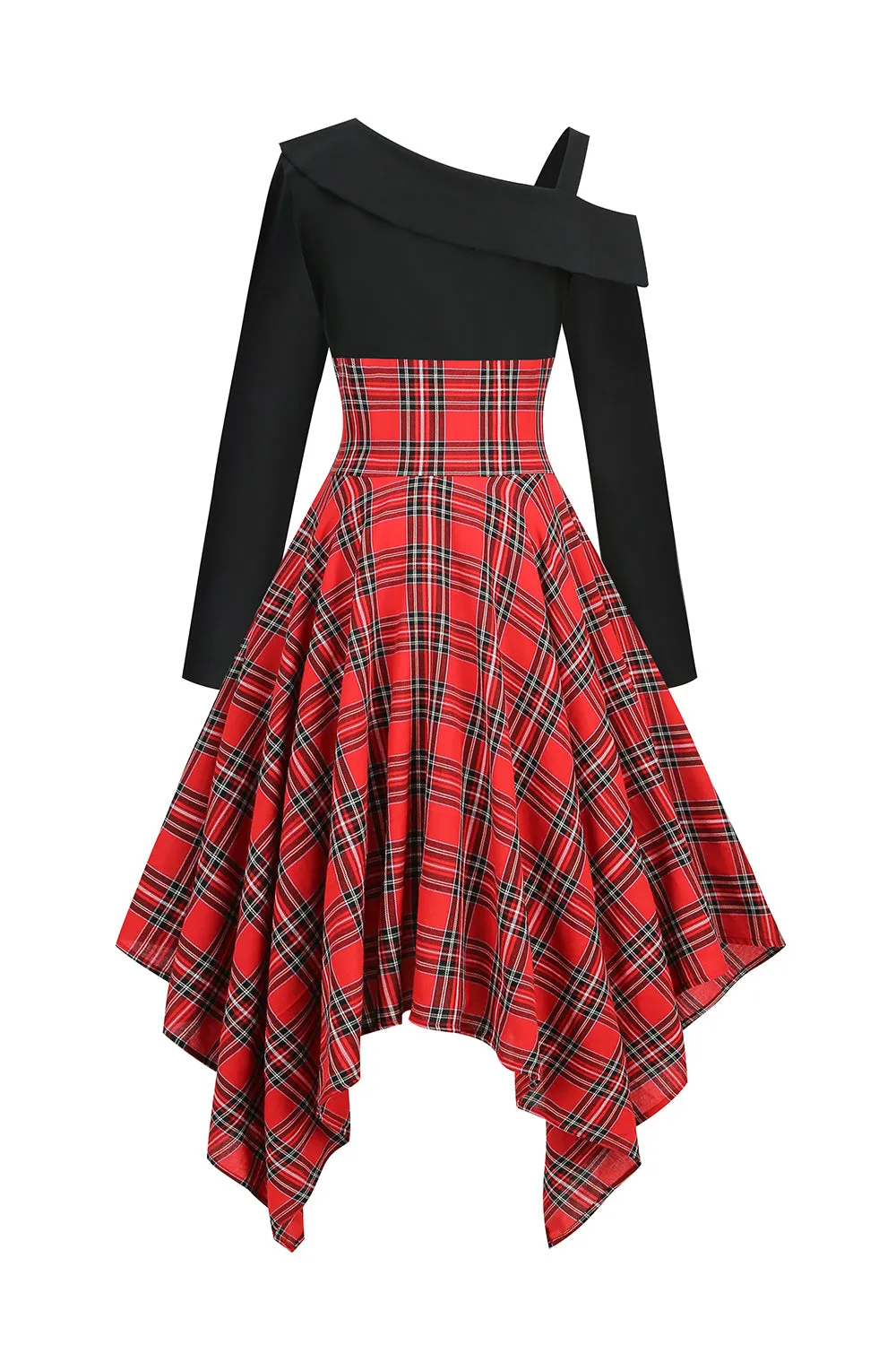 Black Red Plaid Patchwork Asymmetrical Vintage Dress sold by Zapaka product image thumbnail 2