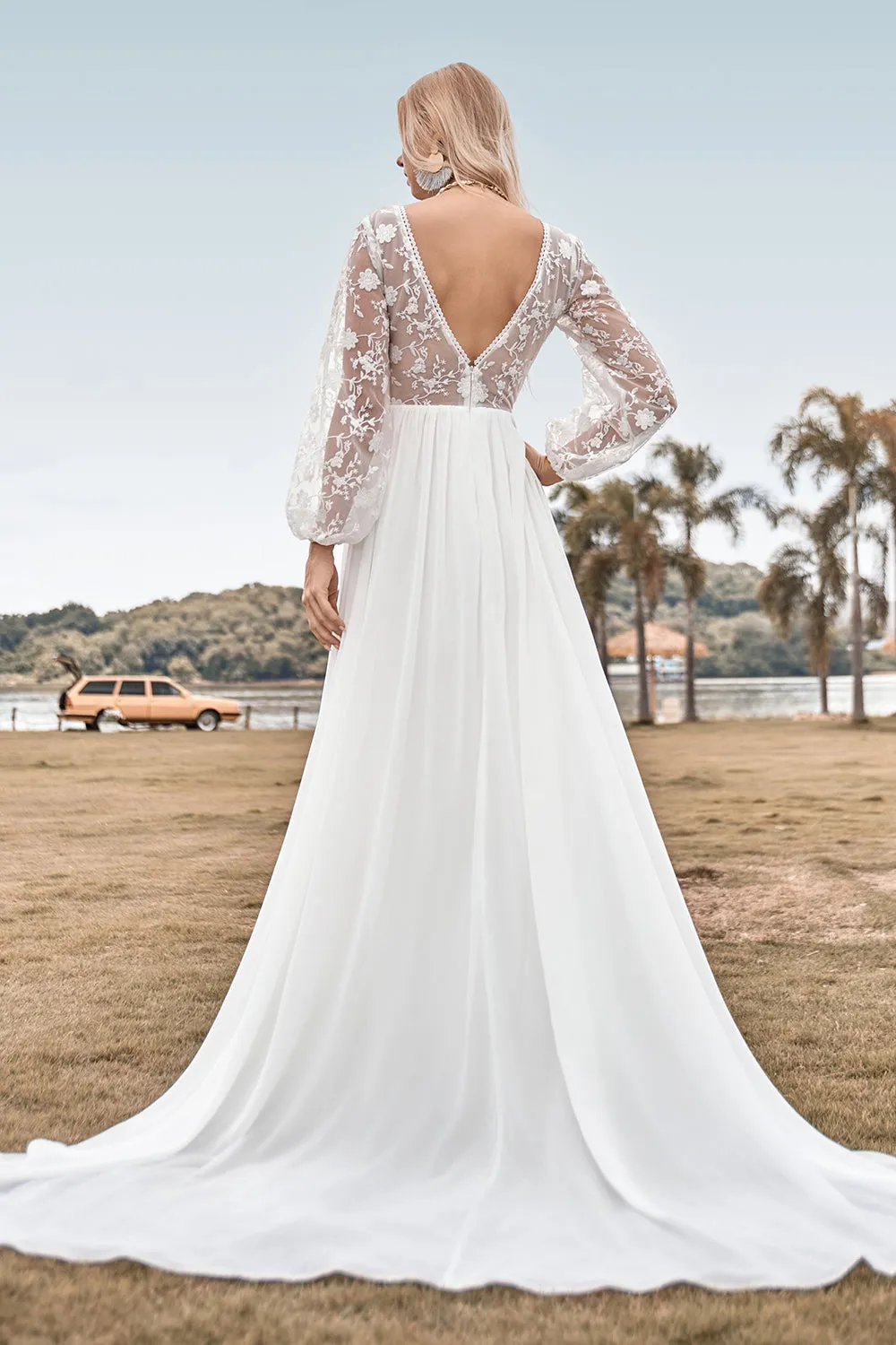 A Line V Neck Ivory Chiffon Sweep Train Boho Wedding Dress with Lace sold by Zapaka product image thumbnail 2