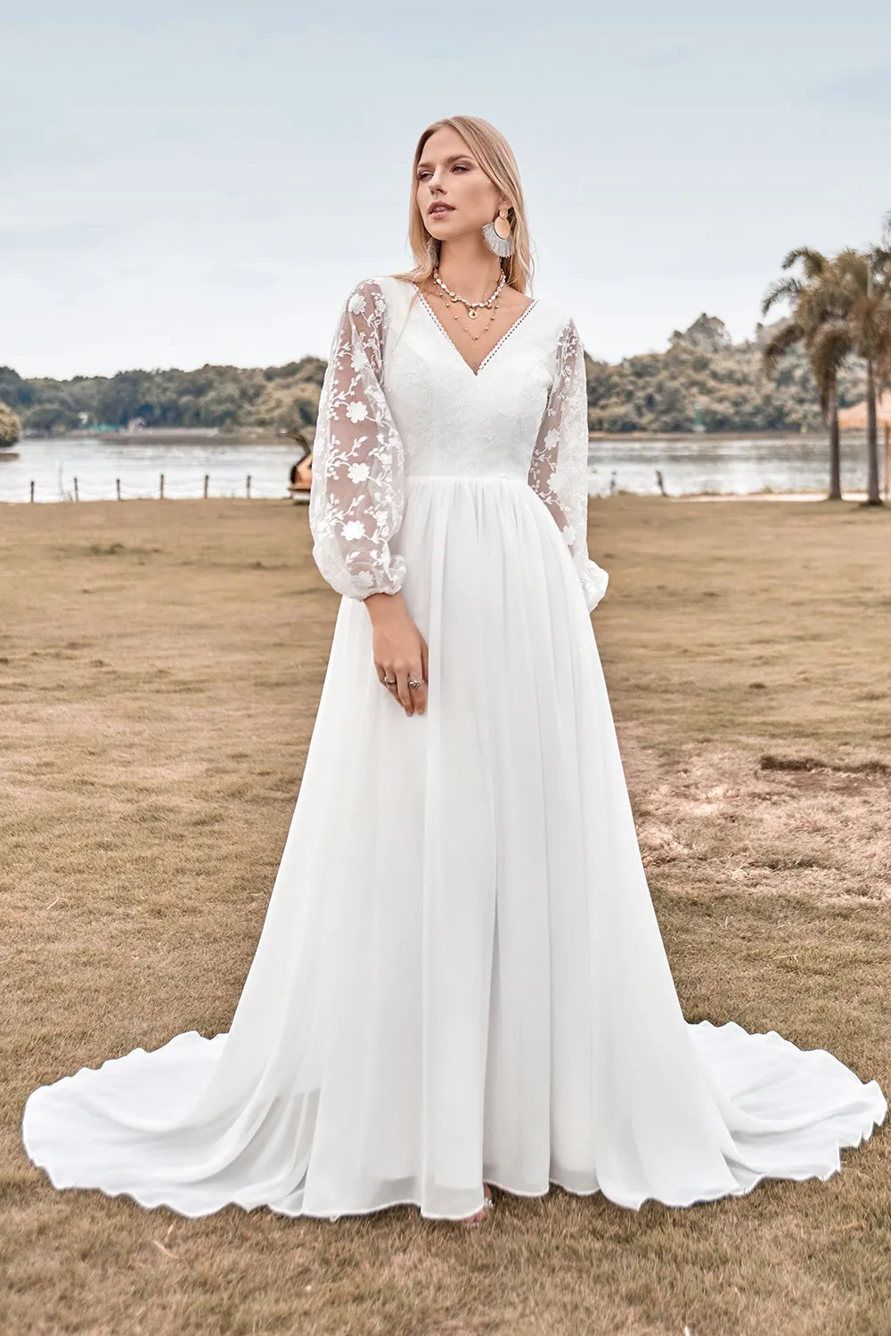 A Line V Neck Ivory Chiffon Sweep Train Boho Wedding Dress with Lace sold by Zapaka