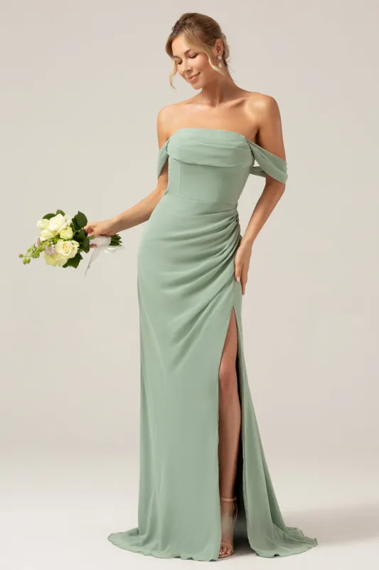 Off the Shoulder Sheath Chiffon Pleated Dusty Sage Bridesmaid Dress sold by Zapaka