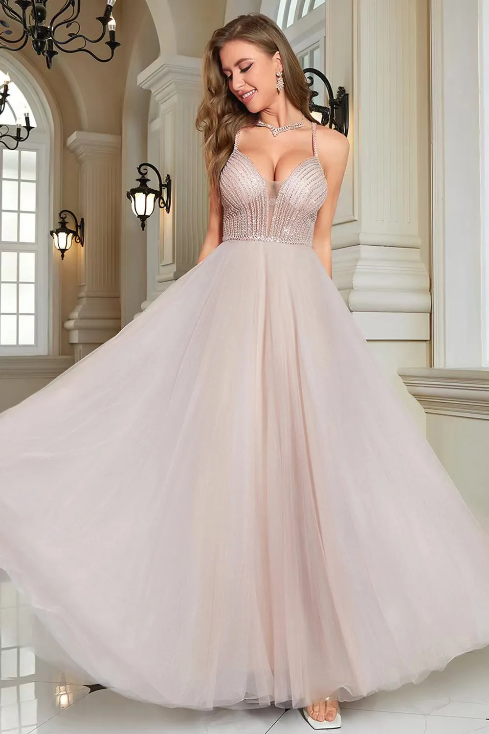 Sparkly Blush Beaded A-Line Long Formal Dress sold by Zapaka product image thumbnail 3