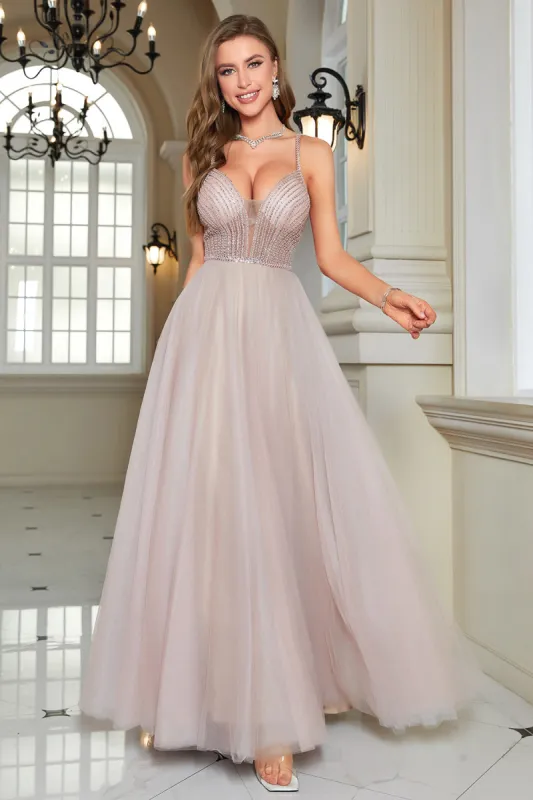 Sparkly Blush Beaded A-Line Long Formal Dress sold by Zapaka