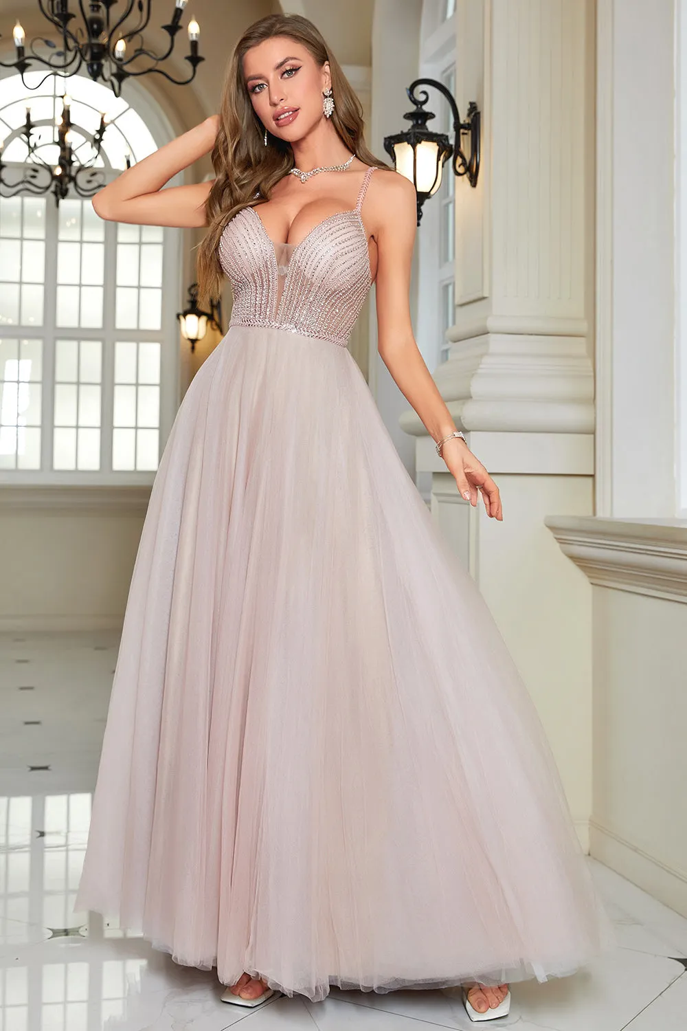 Sparkly Blush Beaded A-Line Long Formal Dress sold by Zapaka product image thumbnail 4