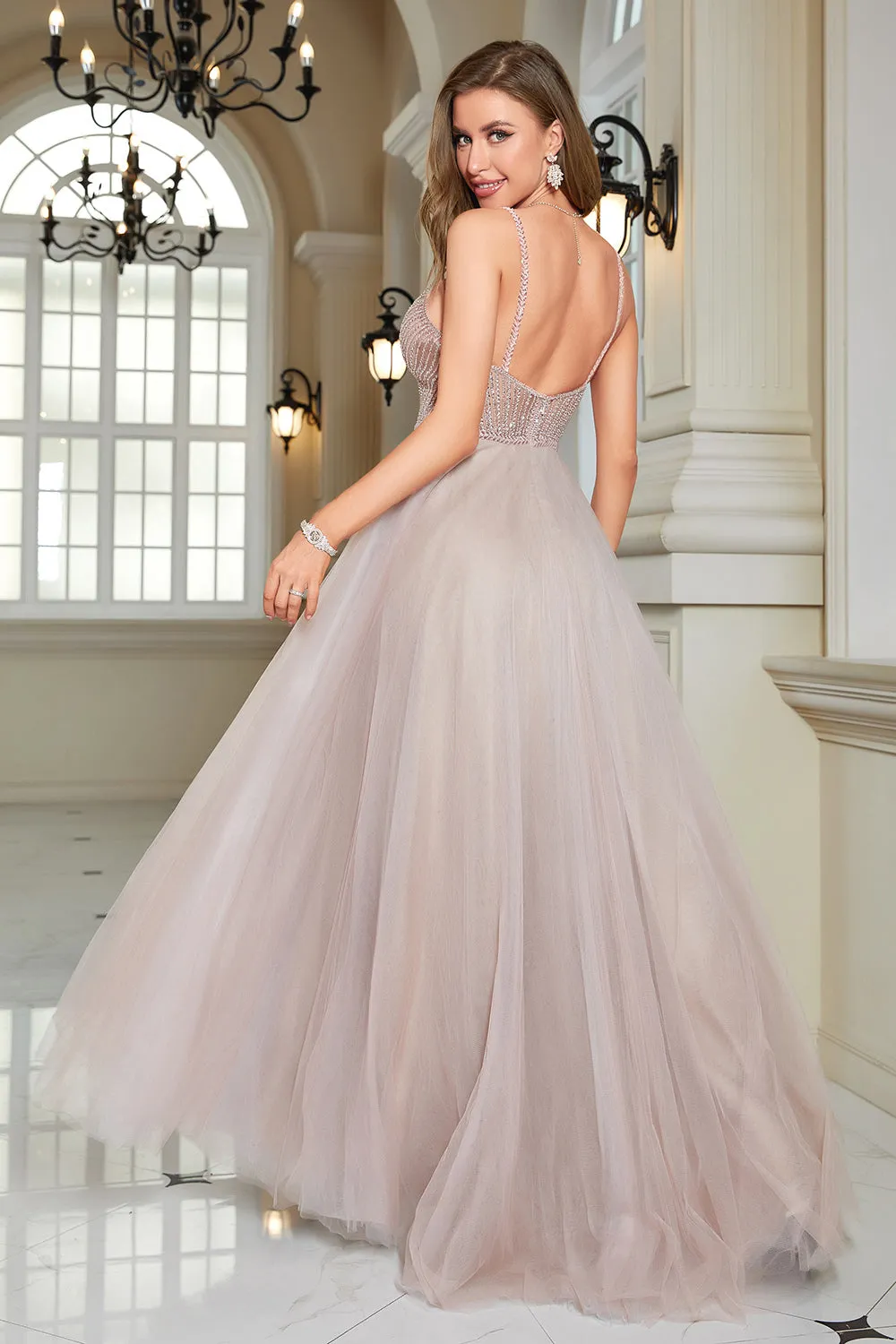 Sparkly Blush Beaded A-Line Long Formal Dress sold by Zapaka product image thumbnail 2