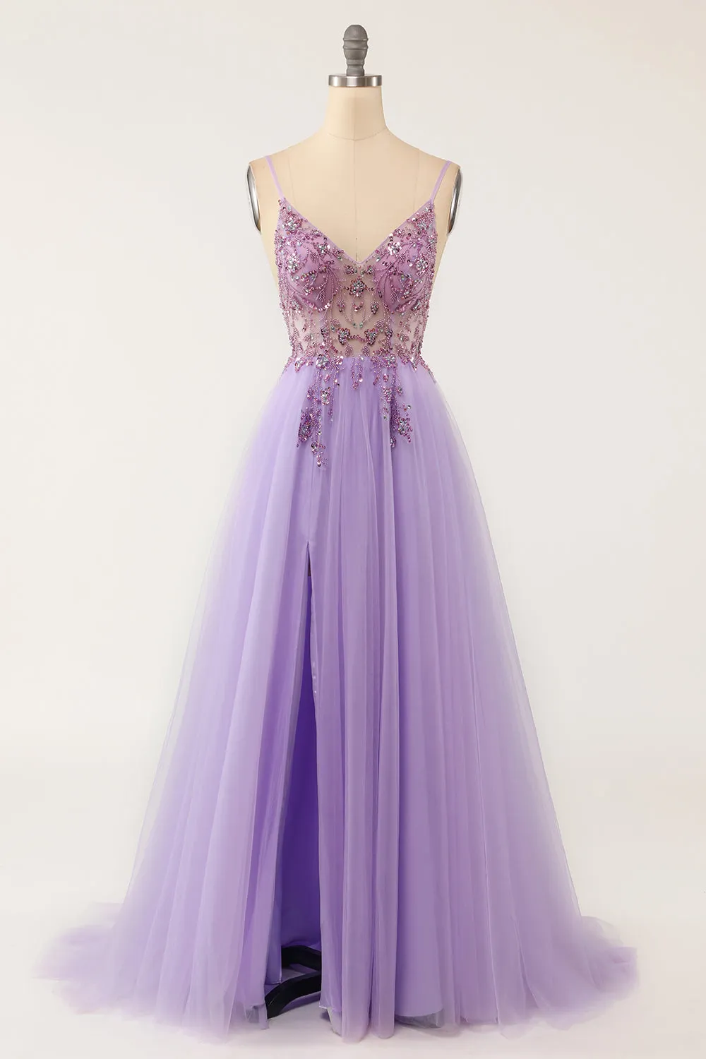 Purple Beaded Tulle Long Prom Dress sold by Zapaka