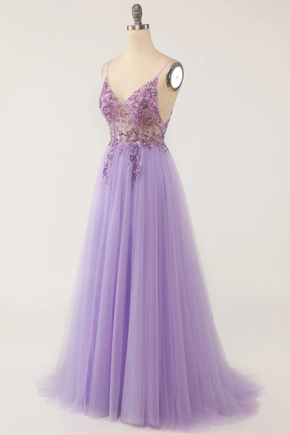 Purple Beaded Tulle Long Prom Dress sold by Zapaka product image thumbnail 5