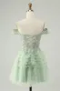 Sparkly Light Green A Line Off The Shoulder Corset Tulle Homecoming Dress sold by Zapaka
