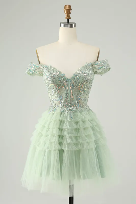 Sparkly Light Green A Line Off The Shoulder Corset Tulle Homecoming Dress sold by Zapaka