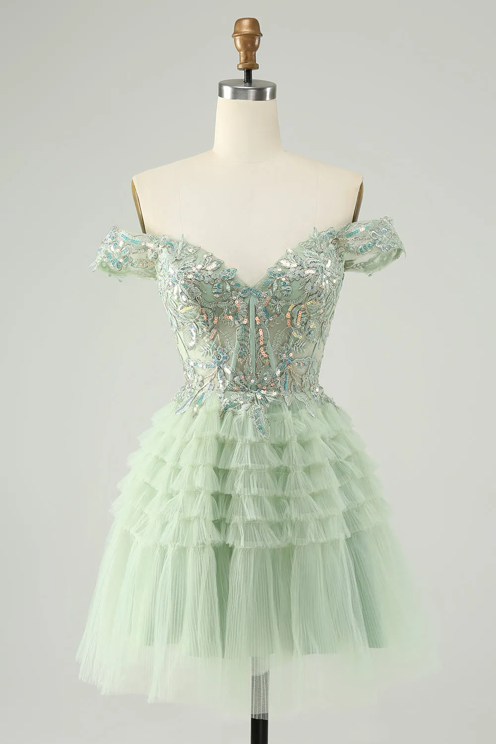 Sparkly Light Green A Line Off The Shoulder Corset Tulle Homecoming Dress sold by Zapaka