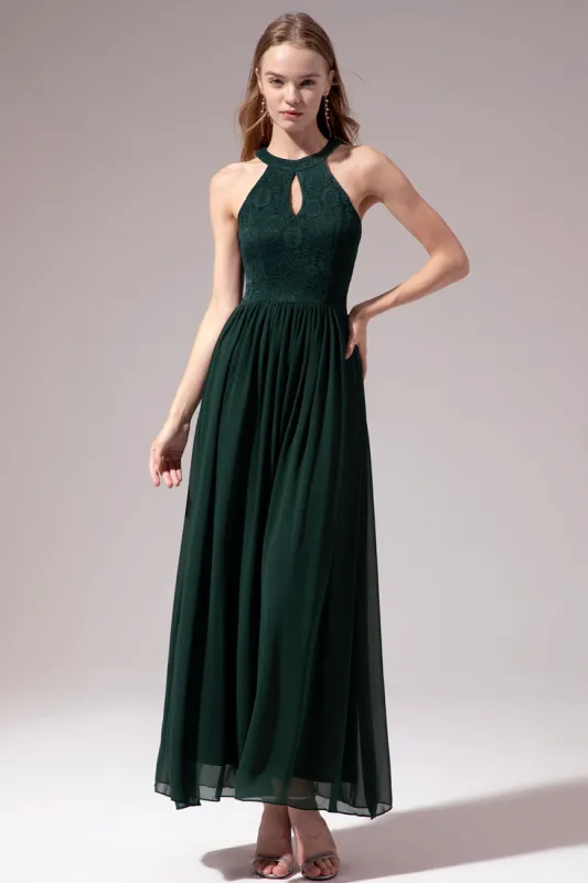 Halter Long Lace Bridesmaid Dress sold by Zapaka