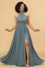 Grey Halter Ruched Long Chiffon Bridesmaid Dress with Slit sold by Zapaka