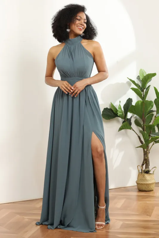 Grey Halter Ruched Long Chiffon Bridesmaid Dress with Slit sold by Zapaka