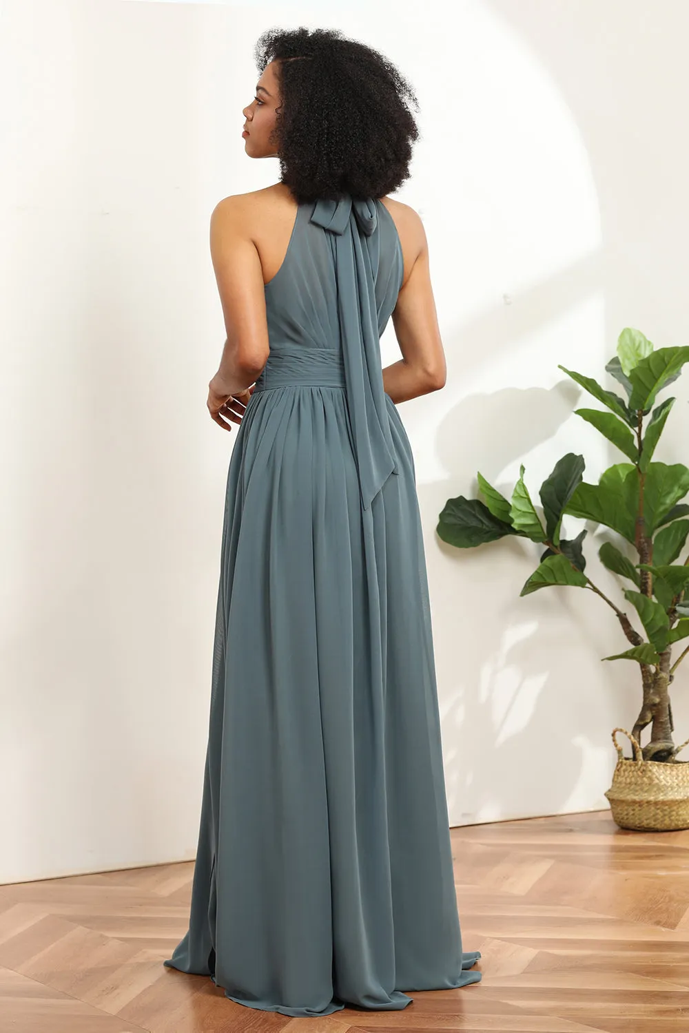 Grey Halter Ruched Long Chiffon Bridesmaid Dress with Slit sold by Zapaka product image thumbnail 2