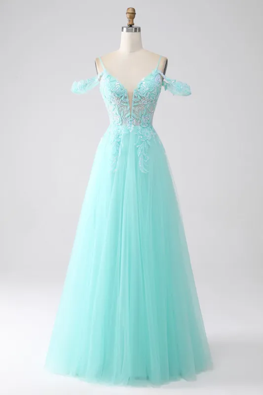 Light Green Cold Shoulder Sequins Prom Dress sold by Zapaka