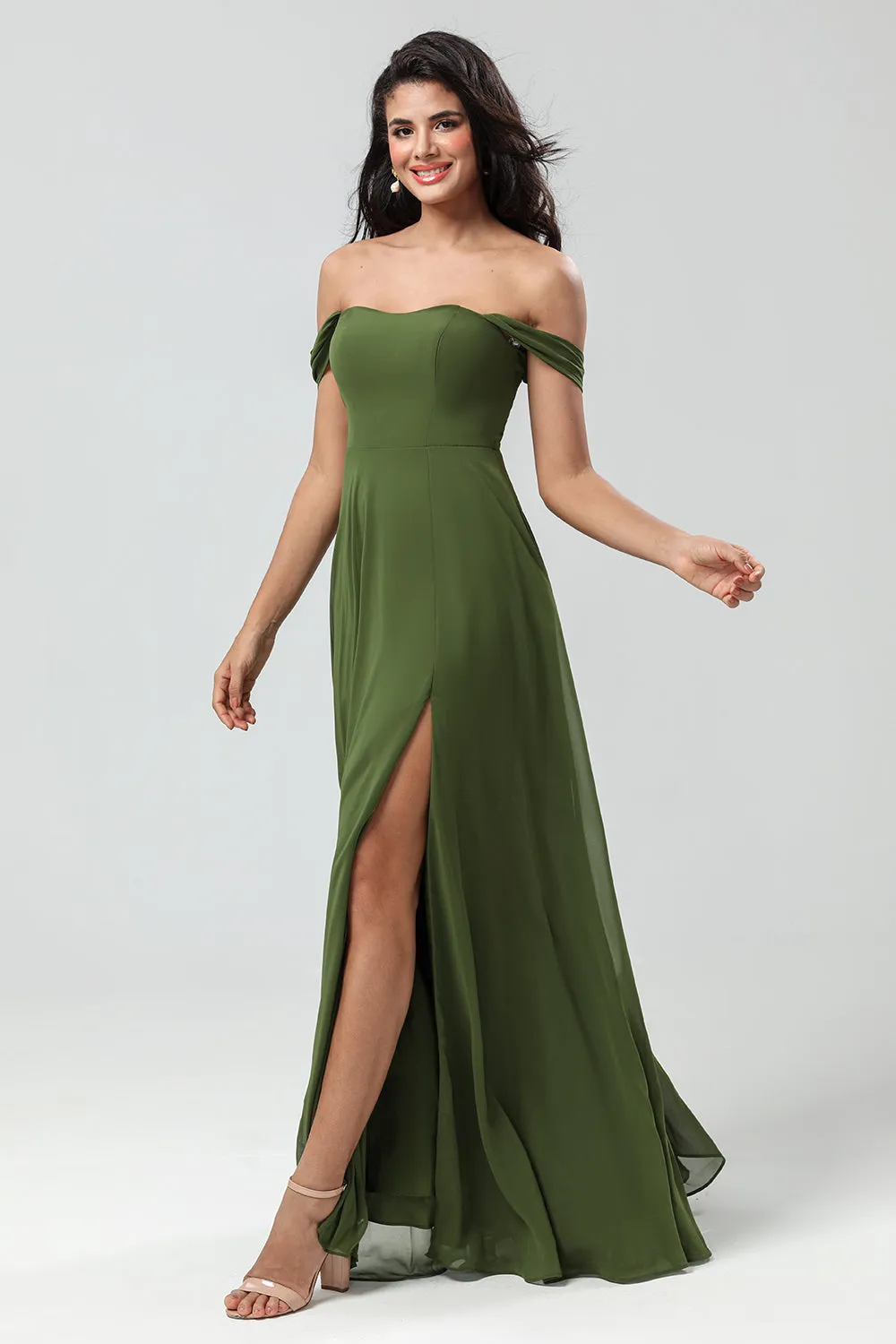 Off The Shoulder A Line Olive Bridesmaid Dress with Slit sold by Zapaka product image thumbnail 5
