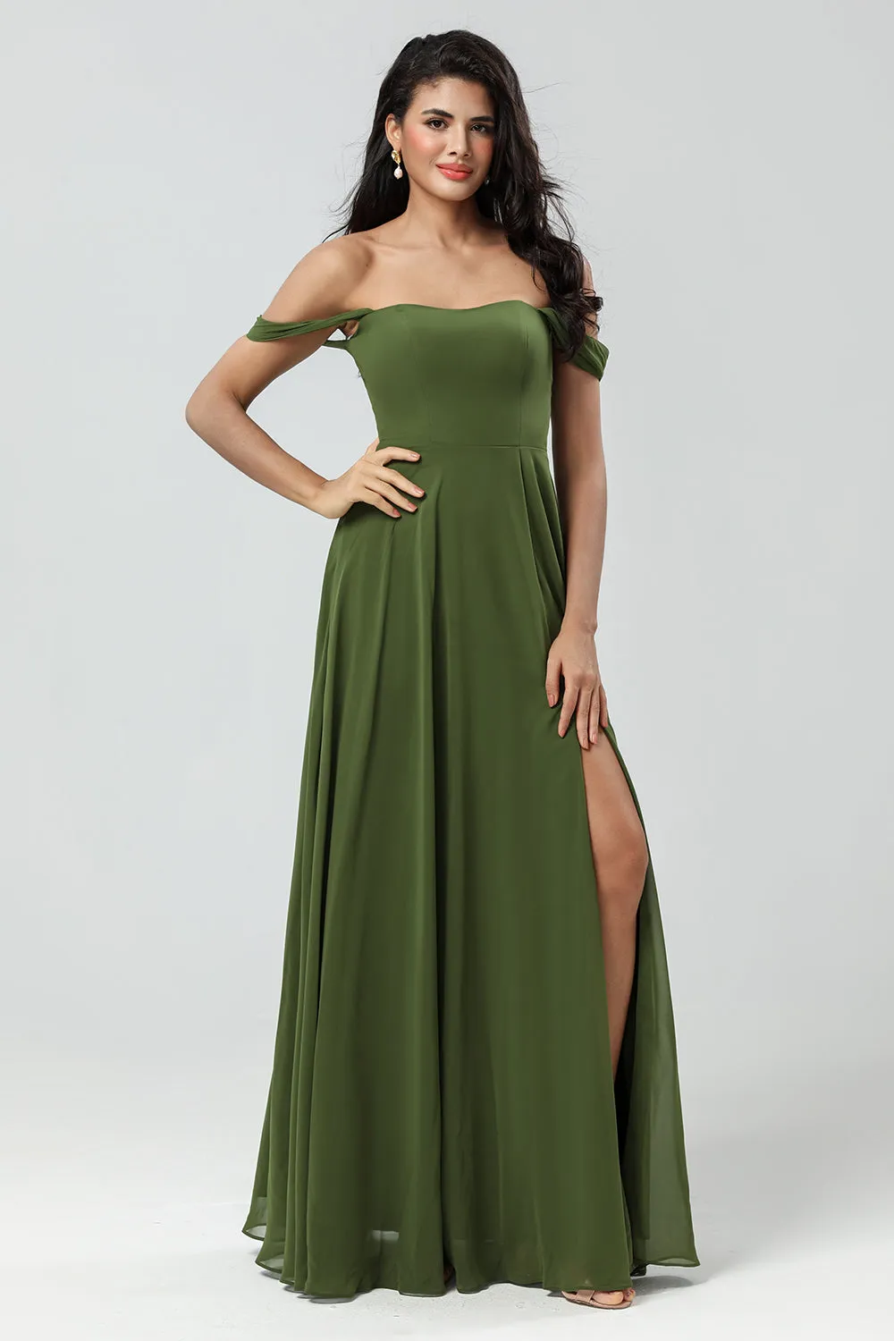 Off The Shoulder A Line Olive Bridesmaid Dress with Slit sold by Zapaka