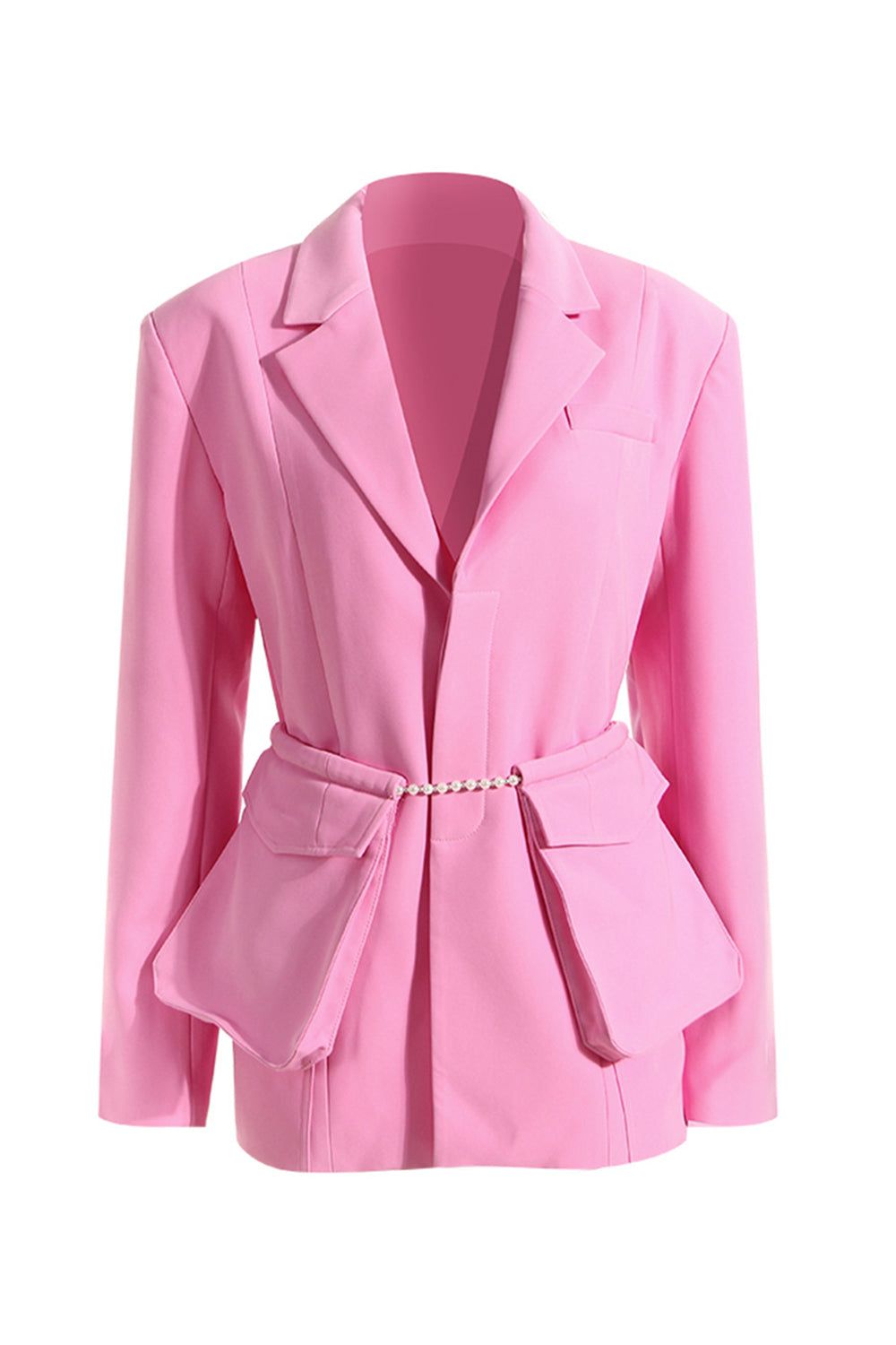 Pink Notched Lapel Women Party Blazer with Pearl Belt sold by Zapaka