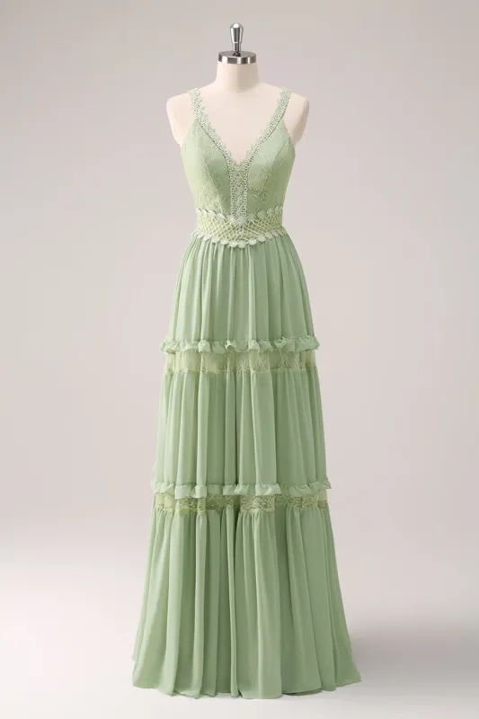 Green Ruffled Floral Bridesmaid Dress with Lace sold by Zapaka