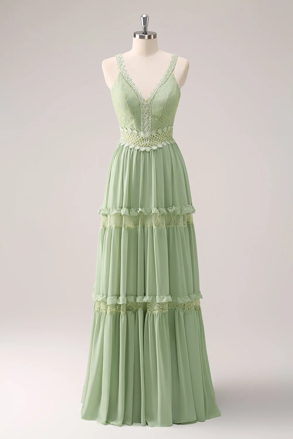 Green Ruffled Floral Bridesmaid Dress with Lace sold by Zapaka