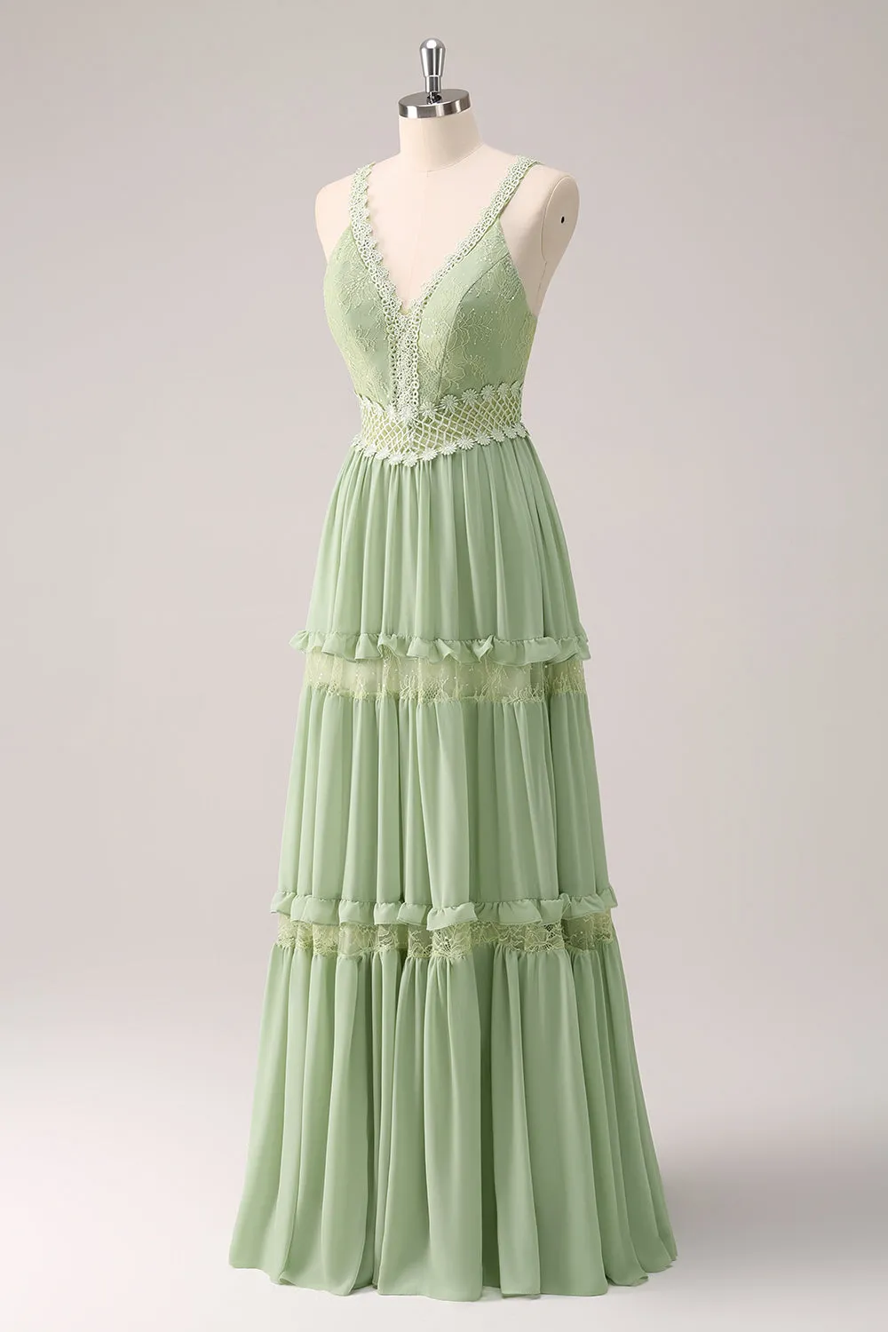 Green Ruffled Floral Bridesmaid Dress with Lace sold by Zapaka product image thumbnail 3