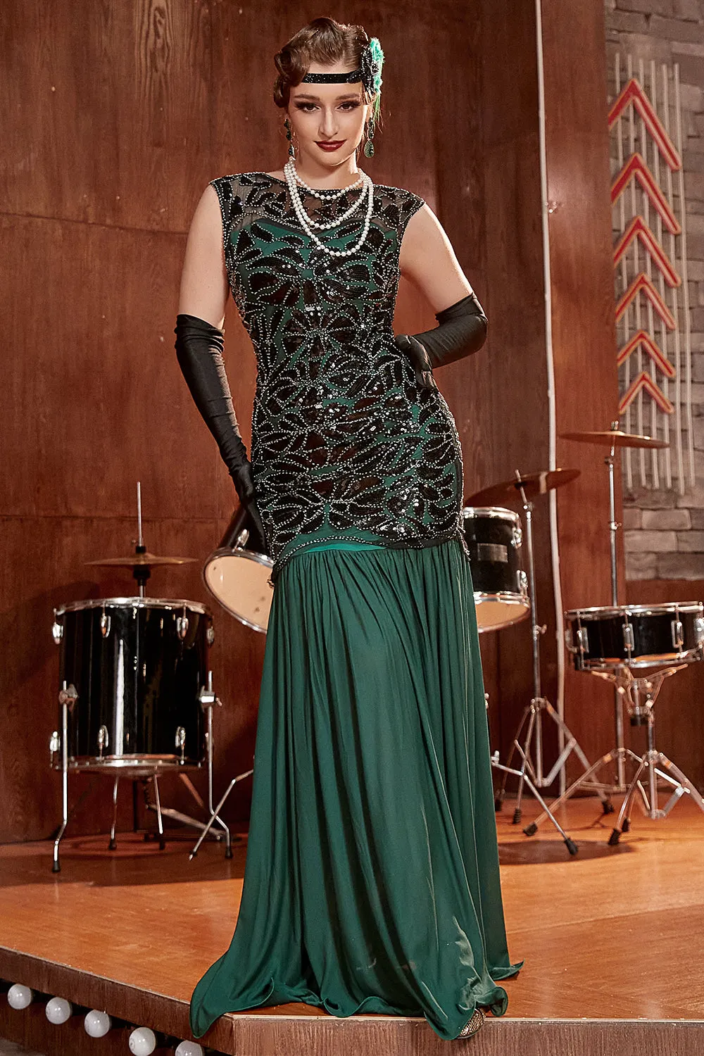 Dark Green Long 1920s Sequined Flapper Dress sold by Zapaka