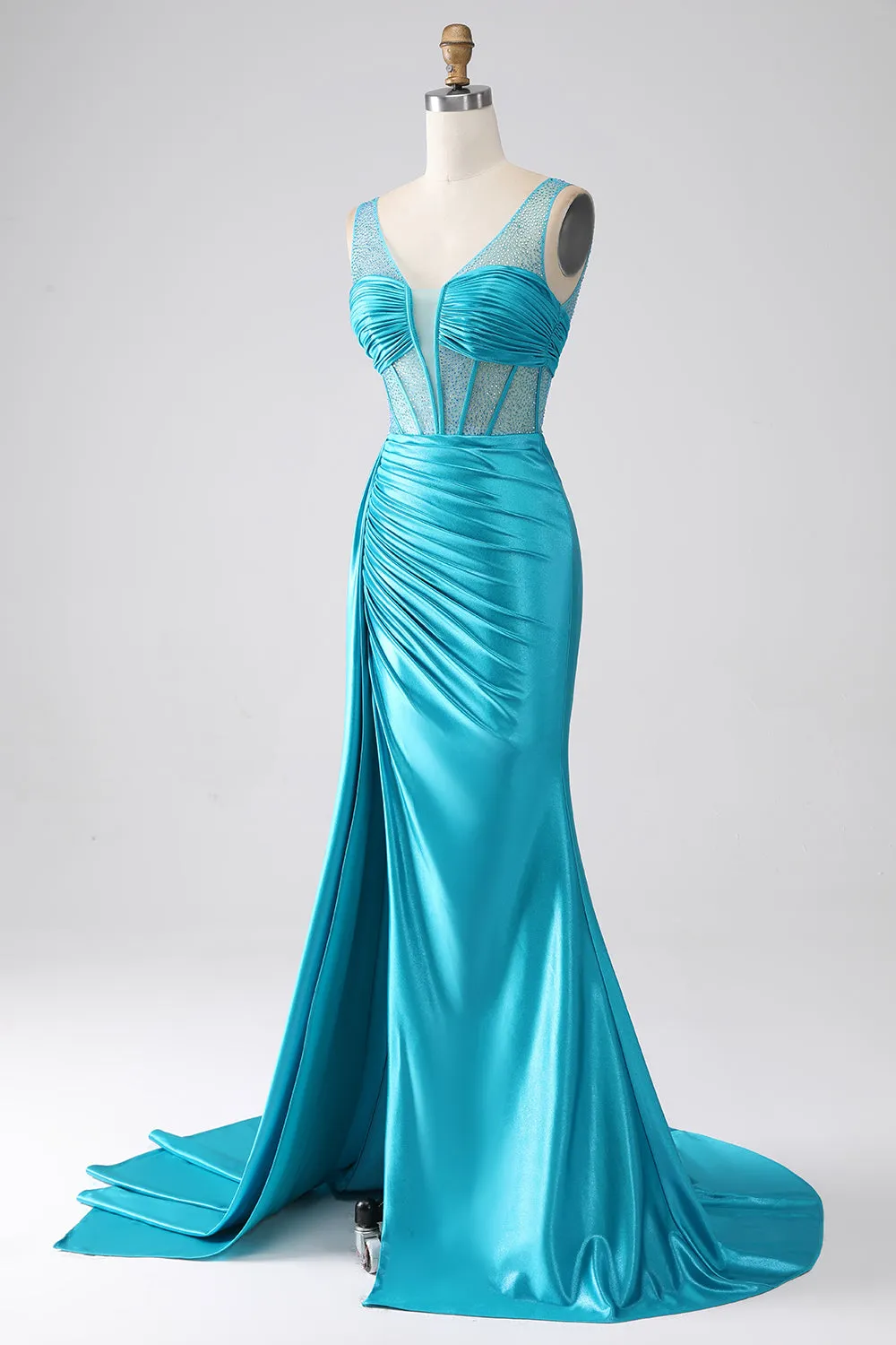 Turquoise Mermaid V-Neck Sweep Train Pleated Corset Beaded Prom Dress sold by Zapaka product image thumbnail 3