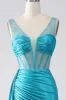 Turquoise Mermaid V-Neck Sweep Train Pleated Corset Beaded Prom Dress sold by Zapaka