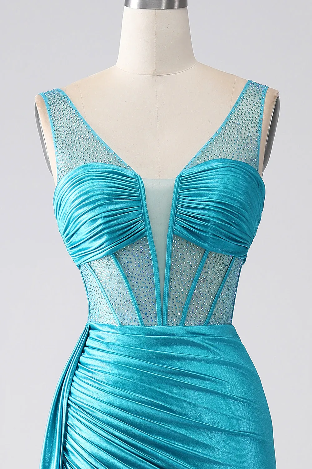 Turquoise Mermaid V-Neck Sweep Train Pleated Corset Beaded Prom Dress sold by Zapaka product image thumbnail 4
