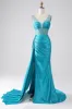 Turquoise Mermaid V-Neck Sweep Train Pleated Corset Beaded Prom Dress sold by Zapaka