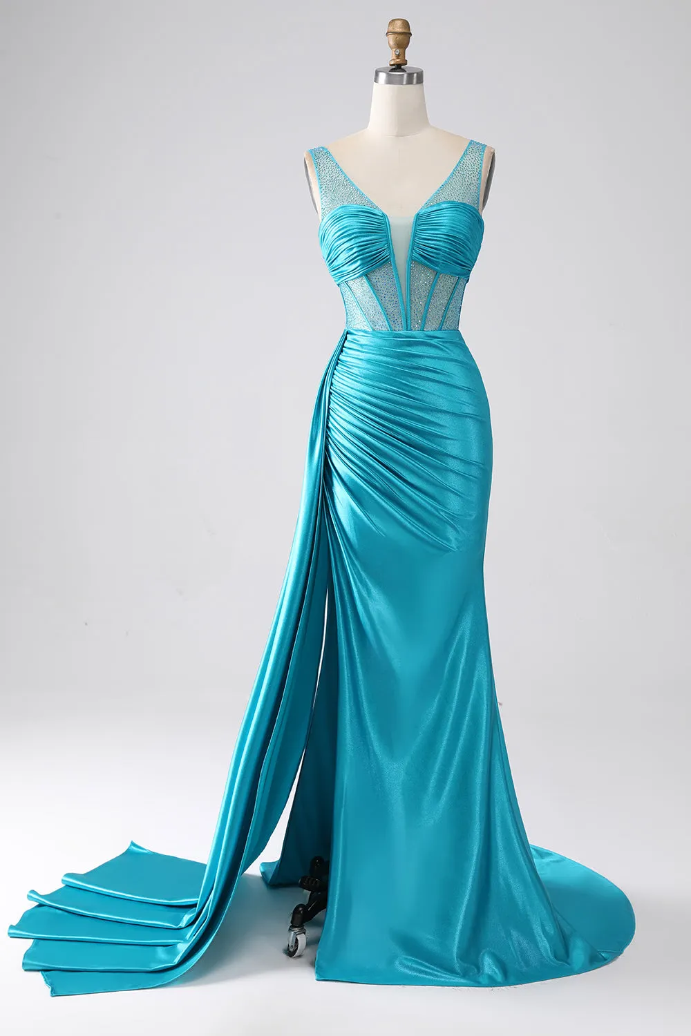 Turquoise Mermaid V-Neck Sweep Train Pleated Corset Beaded Prom Dress sold by Zapaka