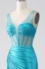 Turquoise Mermaid V-Neck Sweep Train Pleated Corset Beaded Prom Dress sold by Zapaka