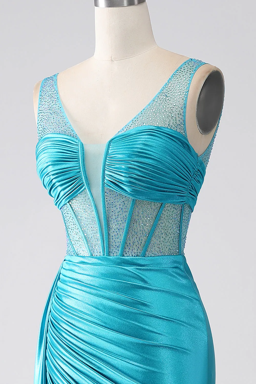 Turquoise Mermaid V-Neck Sweep Train Pleated Corset Beaded Prom Dress sold by Zapaka product image thumbnail 5