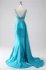 Turquoise Mermaid V-Neck Sweep Train Pleated Corset Beaded Prom Dress sold by Zapaka