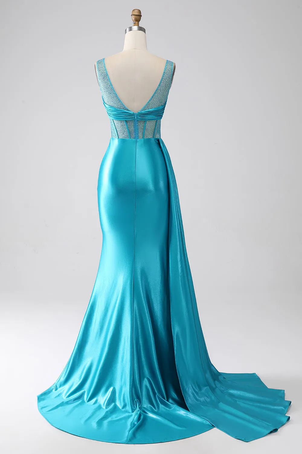 Turquoise Mermaid V-Neck Sweep Train Pleated Corset Beaded Prom Dress sold by Zapaka product image thumbnail 2