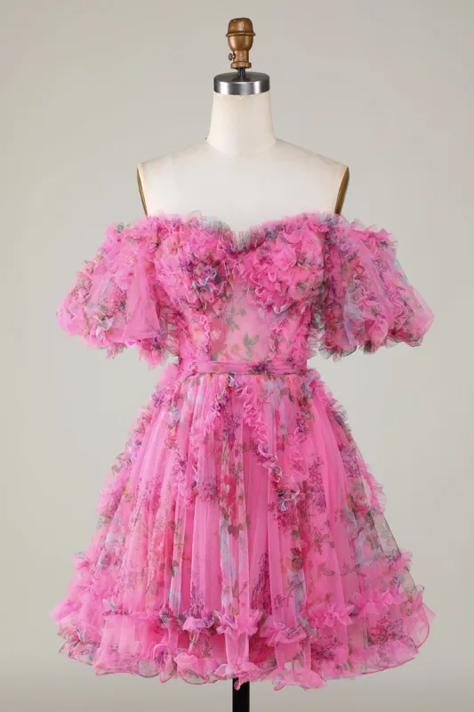 Gorgeous A Line Off the Shoulder Fuchsia Tulle Short Homecoming Dress with Short Sleeves sold by Zapaka