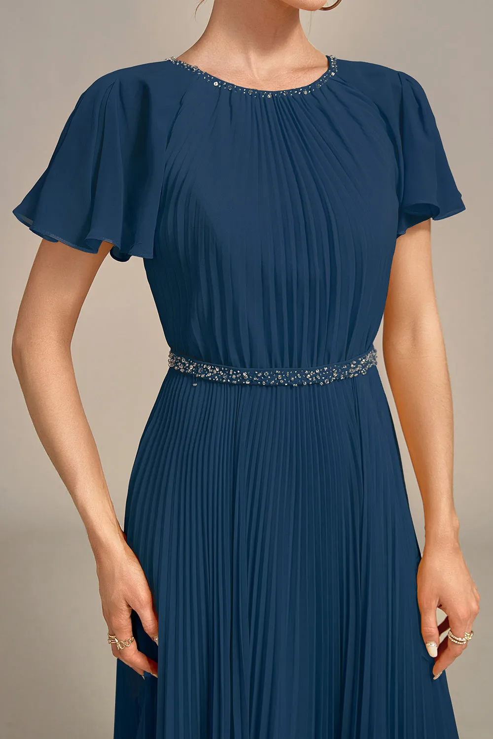 Navy A-Line Round Neck Pleated Mother of Bride Dress With Short Sleeves sold by Zapaka product image thumbnail 4