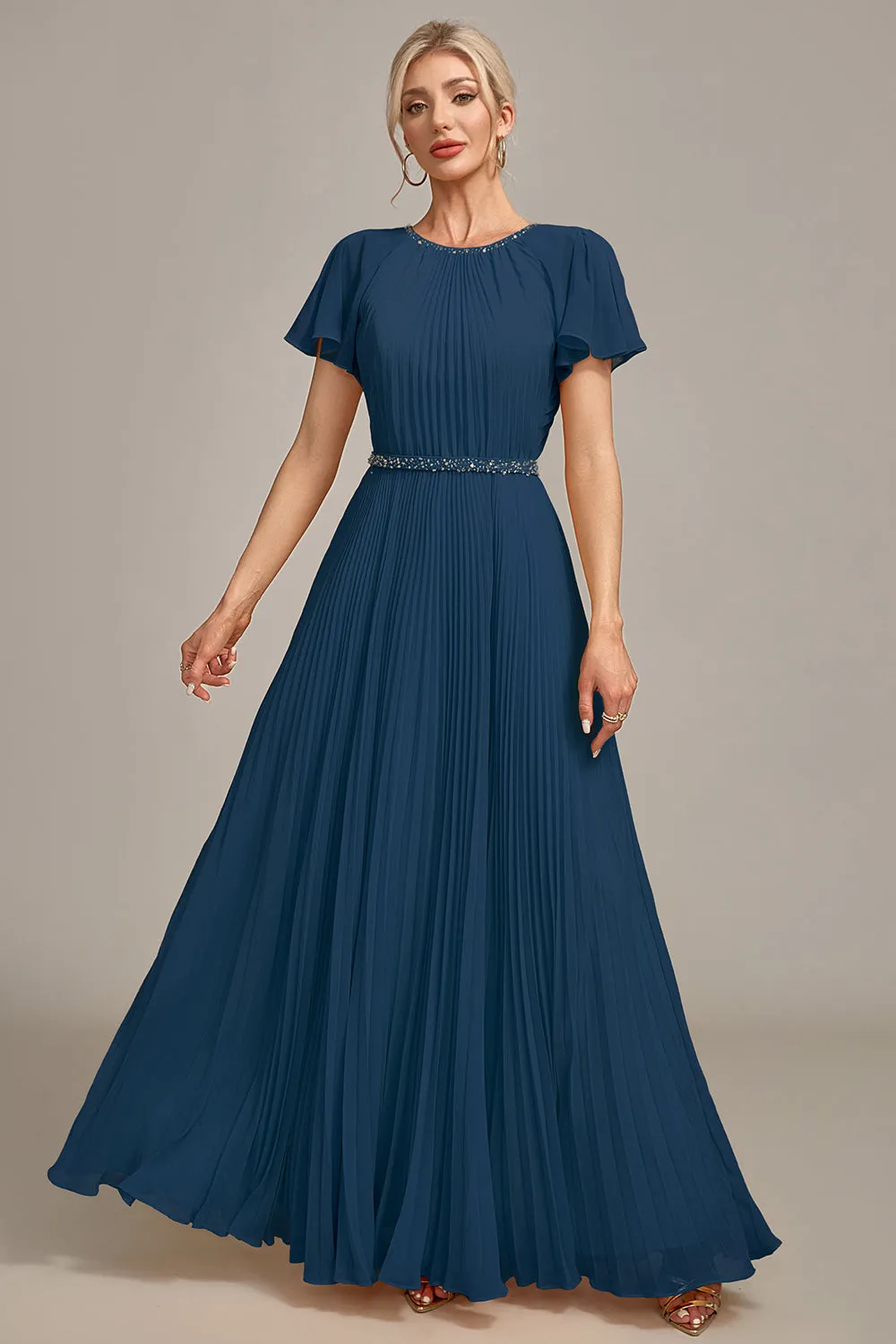 Navy A-Line Round Neck Pleated Mother of Bride Dress With Short Sleeves sold by Zapaka