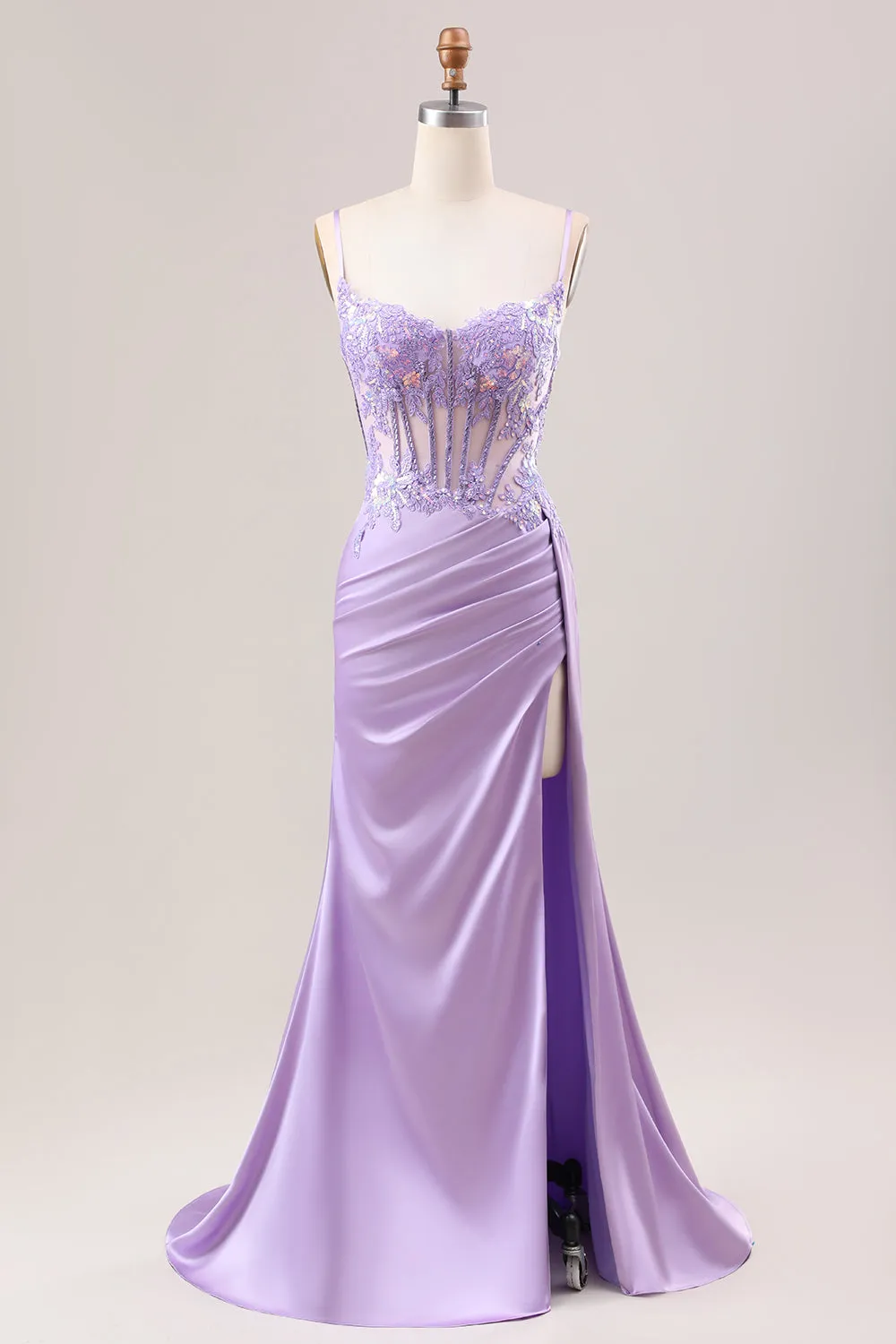 Stylish Lilac Mermaid Pleated Sequin Corset Long Prom Dress With Slit sold by Zapaka