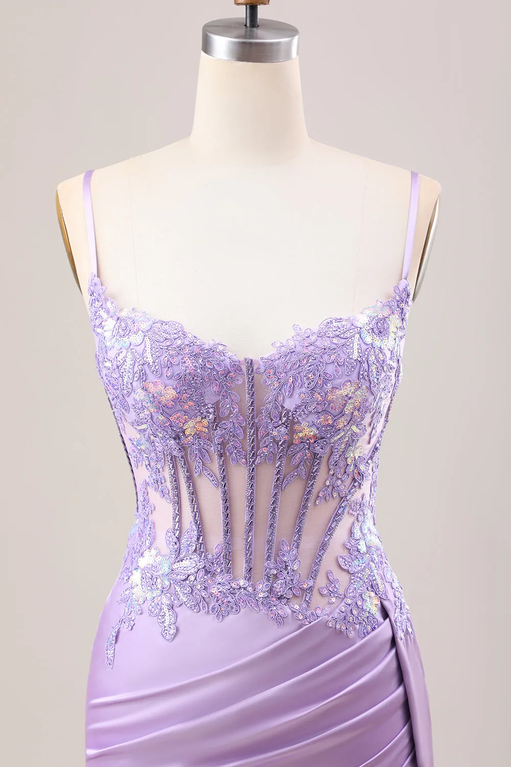 Stylish Lilac Mermaid Pleated Sequin Corset Long Prom Dress With Slit sold by Zapaka product image thumbnail 4