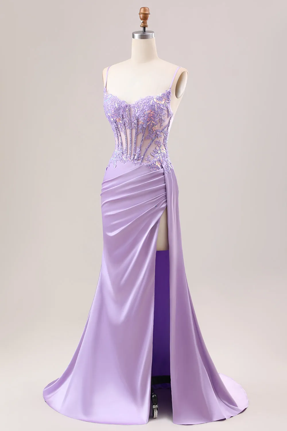 Stylish Lilac Mermaid Pleated Sequin Corset Long Prom Dress With Slit sold by Zapaka product image thumbnail 3