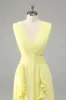 Lemon Yellow A Line Cut Out Long Bridesmaid Dress with Ruffles sold by Zapaka